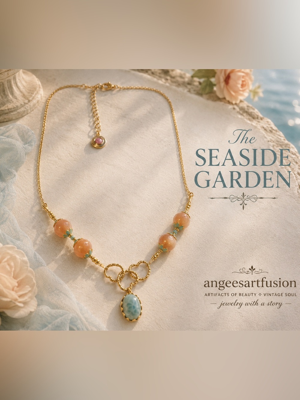 Genuine Larimar & Sunstone Necklace “The Seaside Garden”